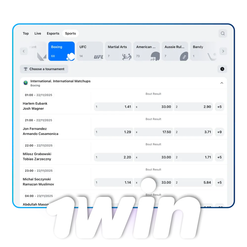 1Win ile heyecan dolu boks maçlarını deneyimleyin.