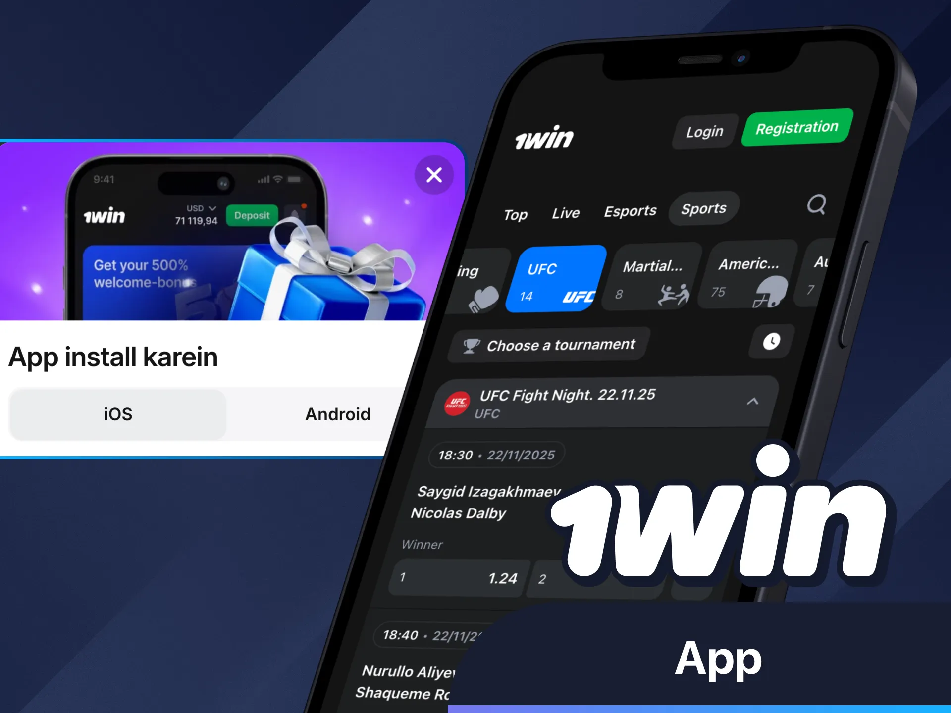 Play UFC games anytime using 1Win app.