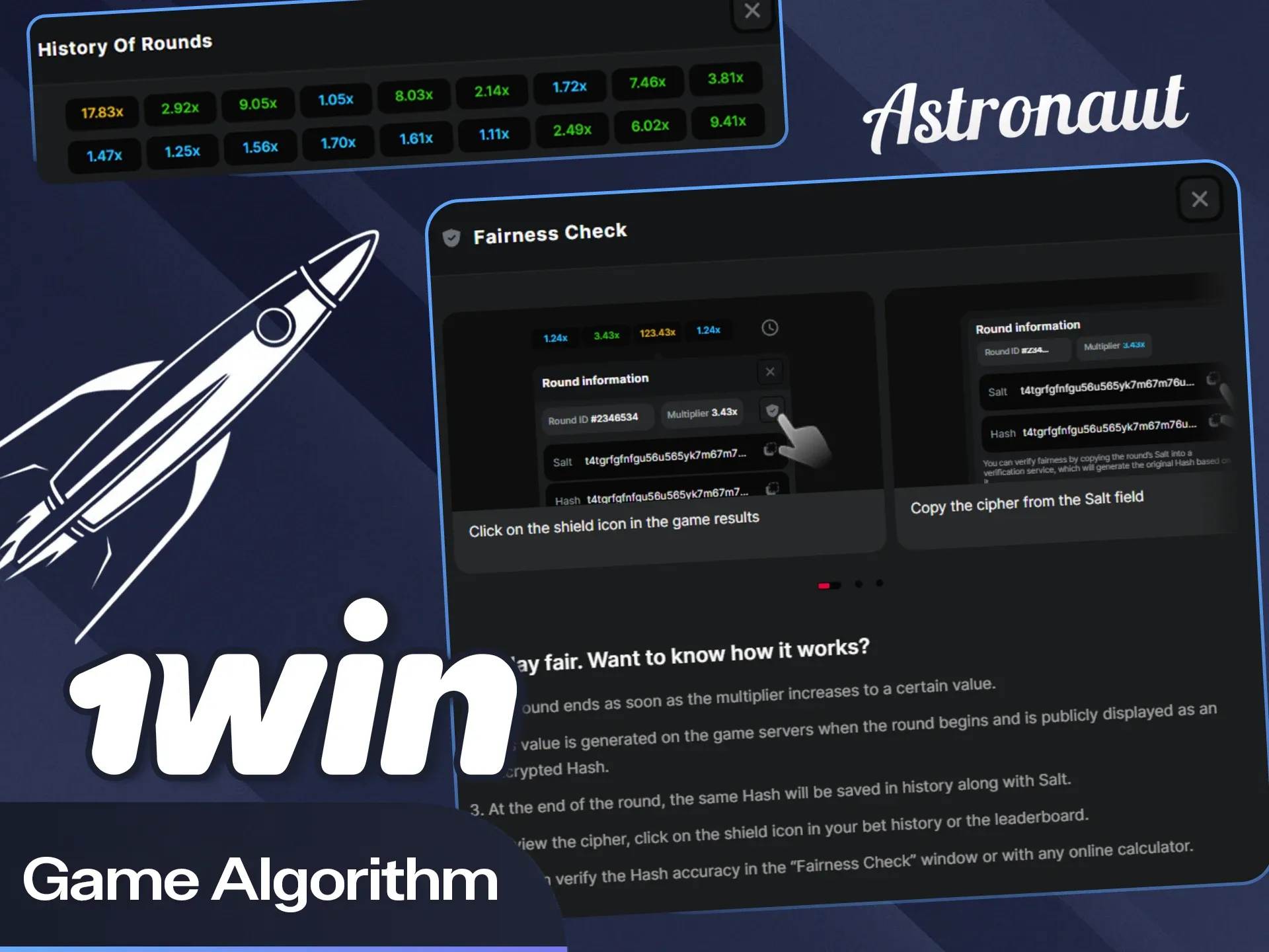 1win'in resmi web sitesinde kanıtlanabilir adil algoritmayı hemen kontrol edin.