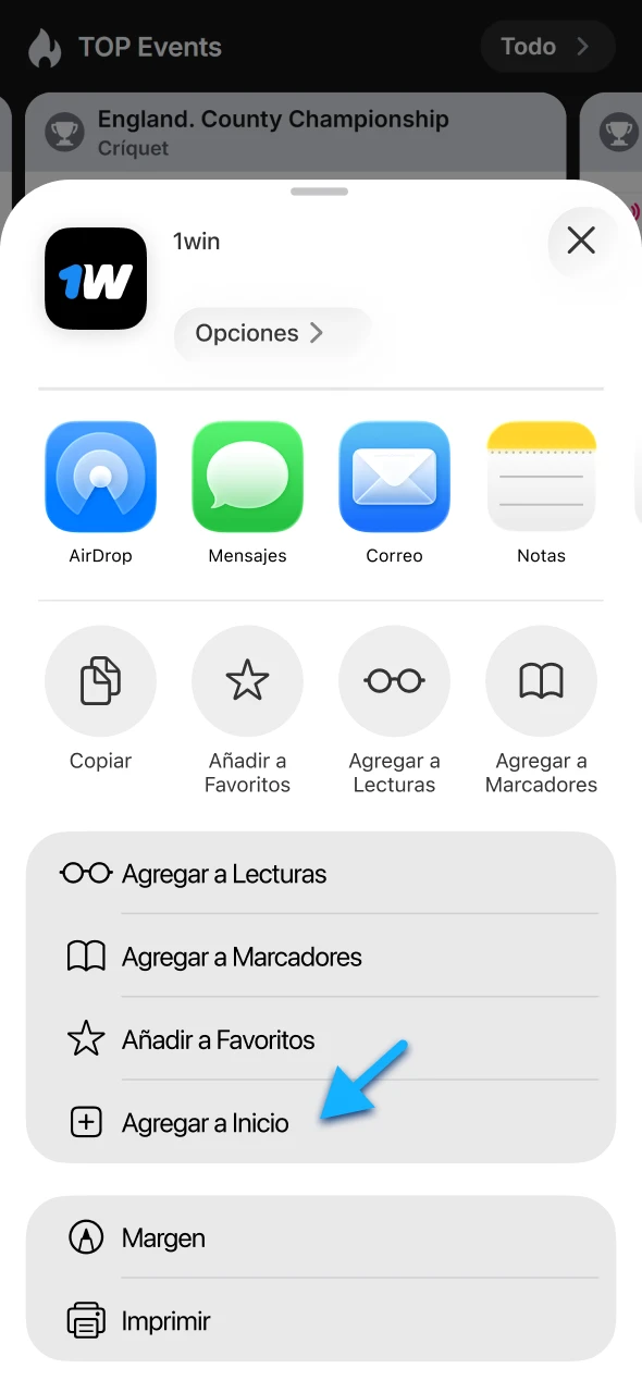 Mira cómo añadir 1win a tu pantalla de inicio con un solo toque.